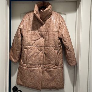 Nanushka mauve faux snakeskin puffer coat